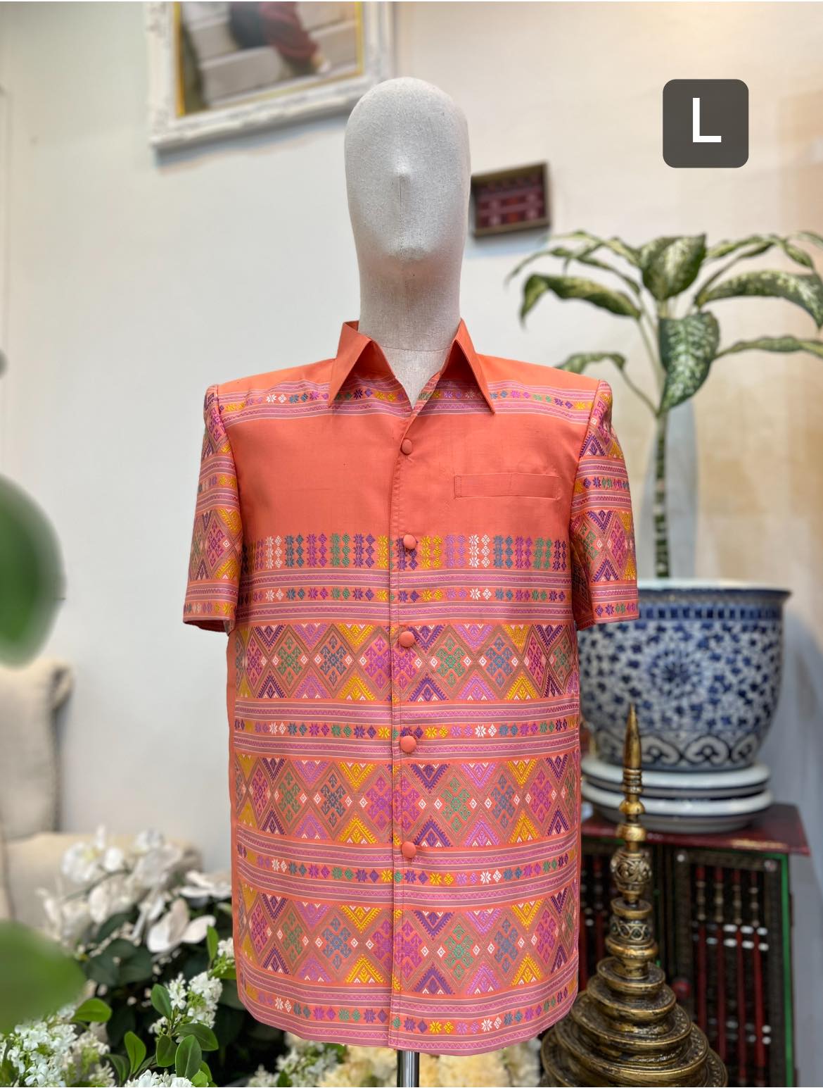 เสื้อสูทไหมแพรวา ลายเกาะ แขนสั้น พื้นสีส้มอมชมพู เลือกไซส์ รหัส DR-BM-11026613267