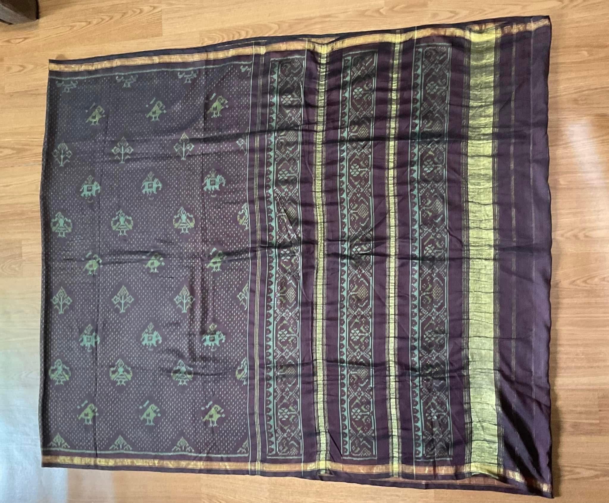 ซิ่น ไหมมัดหมี่ ผ้าปาโตล่า ขนาด 120x280ซม. พื้นสีน้ำตาบอมม่วง มีหน้านาง รหัส N9-SIL-051768A1