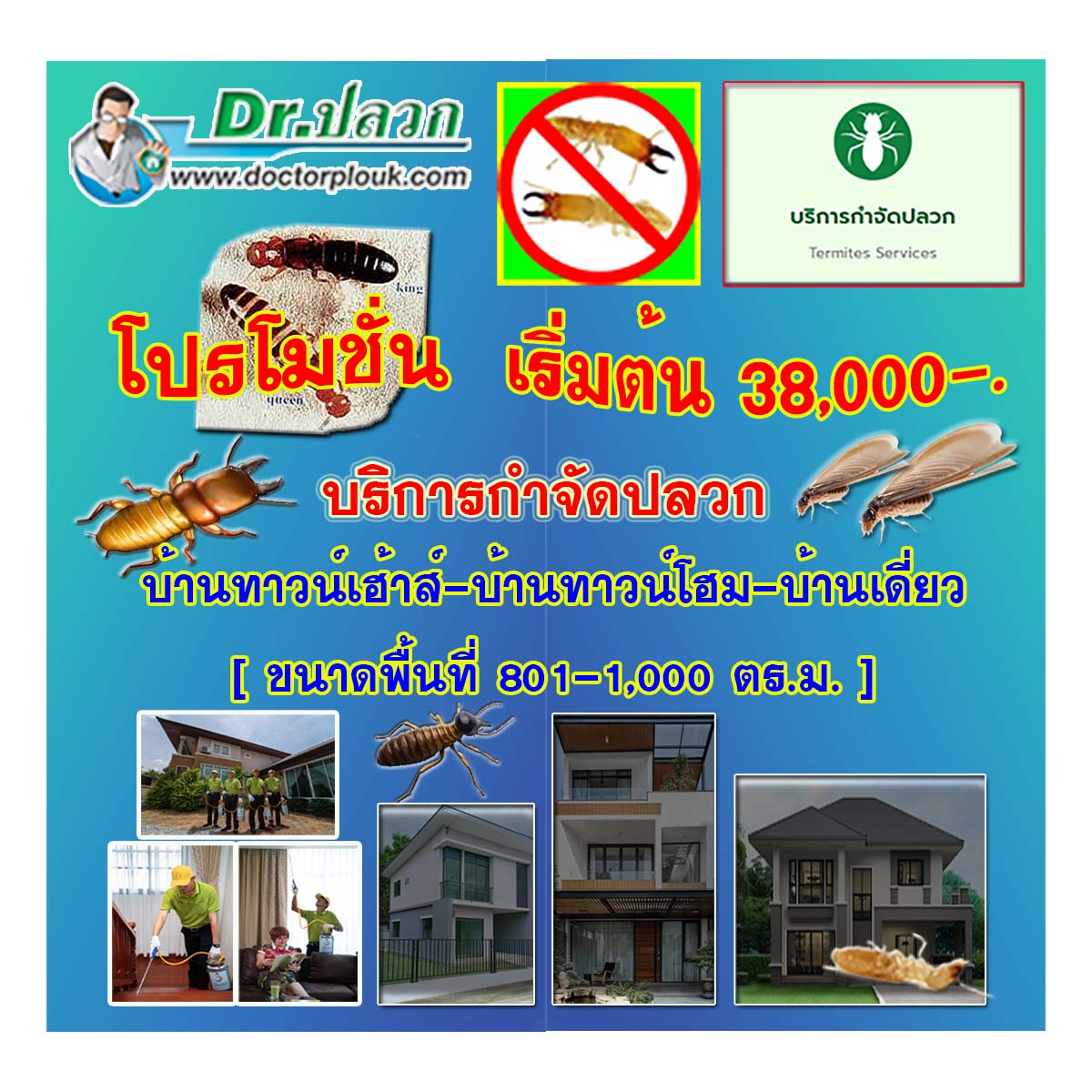 Dr.ปลวก [บริการกำจัดปลวก] บ้านทาวน์เฮ้าส์-บ้านทาวน์โฮม-บ้านเดี่ยว (ขนาดพื้นที่ 801-1,000 ตร.ม.)