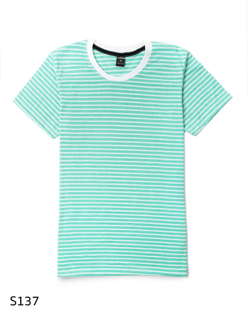 เสื้อยืดคอกลมลายทาง S137 (สีเขียวมินต์ริ้วขาวเล็ก )