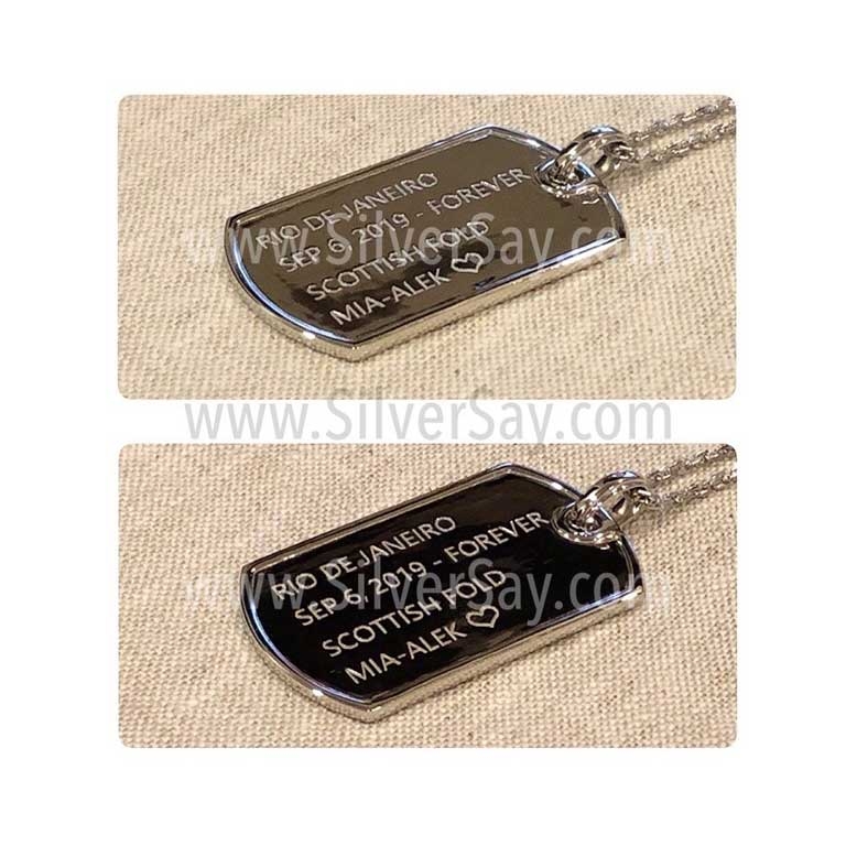 แผ่นป้ายชื่อด็อกแท็ก Dog Tag สลักชื่อสลักข้อความ เงินแท้ 925 ชุบทองคำขาว