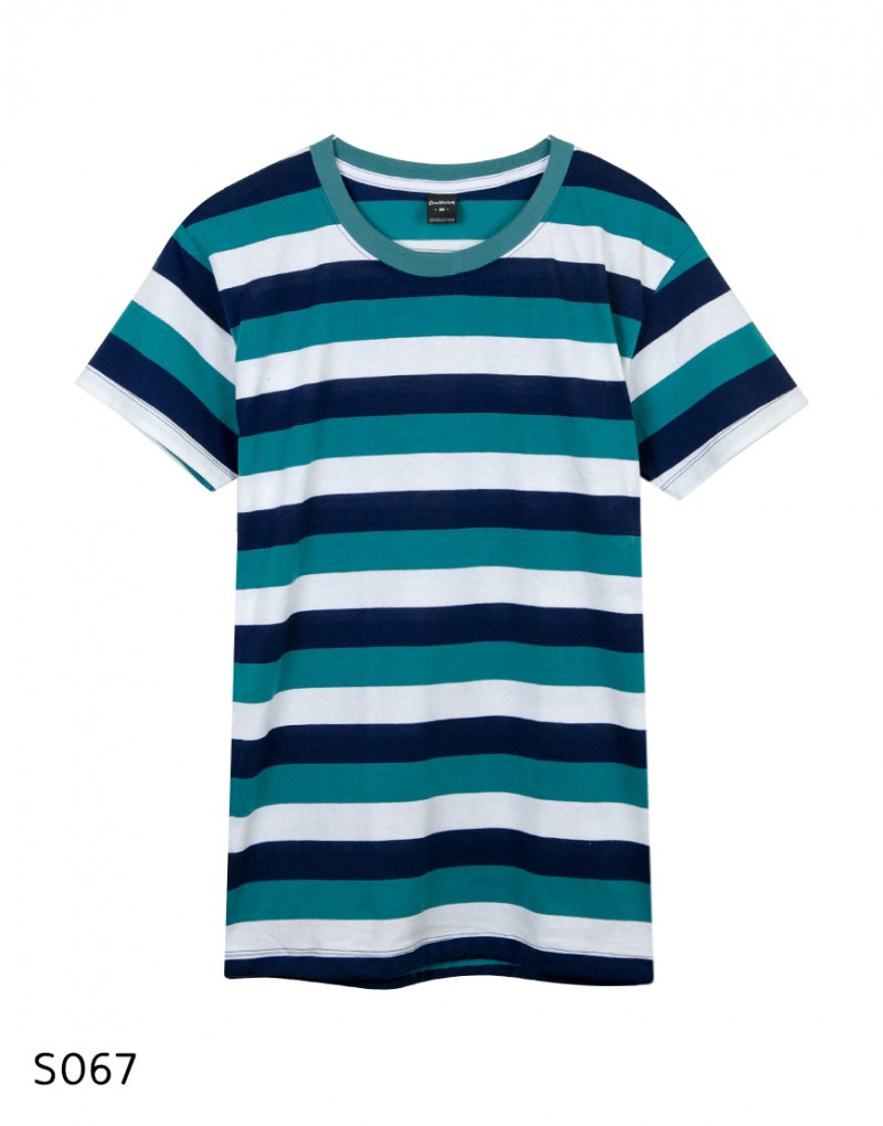 เสื้อยืดคอกลมลายทาง S067 (สีกรมท่า เขียว ขาว)