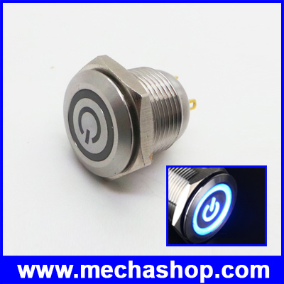 สวิทซ์กดติดปล่อยดับ สวิทช์16มม พร้อมไฟLEDสีน้ำเงิน shorter power symbol ring illuminated push button 36VDC 2A TY 1623