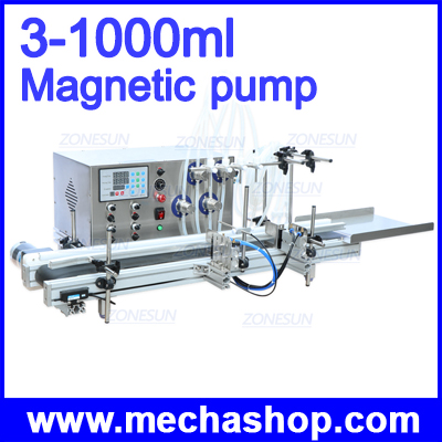เครื่องบรรจุของเหลวอัตโนมัติ 4 หัวจ่าย Magnetic Pump 3-1000ml Automatic Filling Machine for Perfume wine water soy sauce drinks juice with Conveyor (สินค้า Pre-Order)