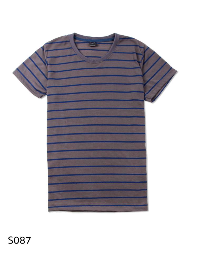 เสื้อยืดคอกลมลายทาง S087 (สีน้ำตาลใหญ่ น้ำเงินเล็ก)