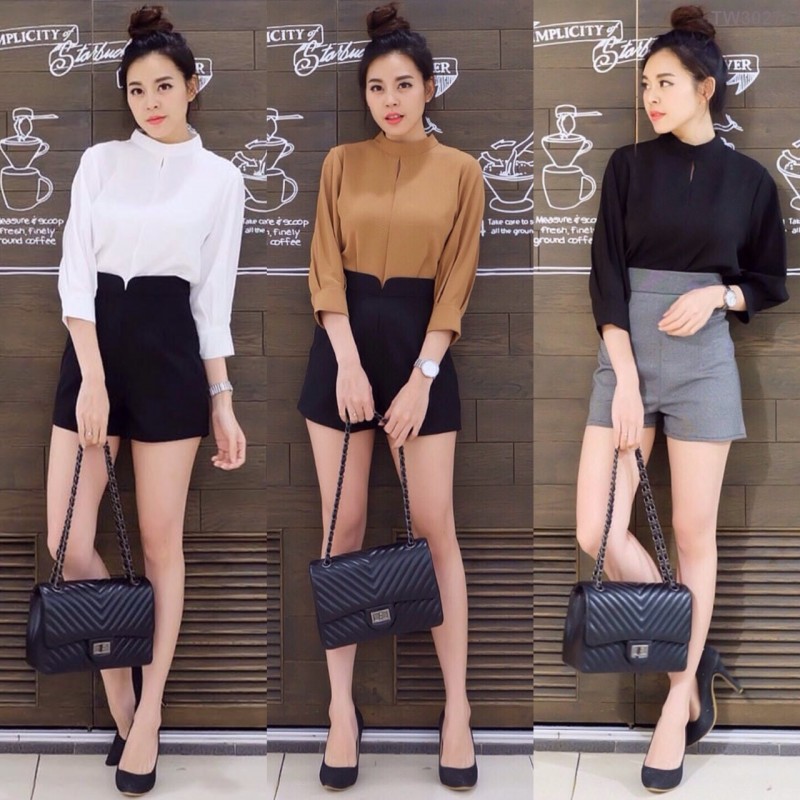 Set 2ชิ้น เสื้อคอปีนแขนยาว+กางเกงขาสั้นเอวเว้า TW3027