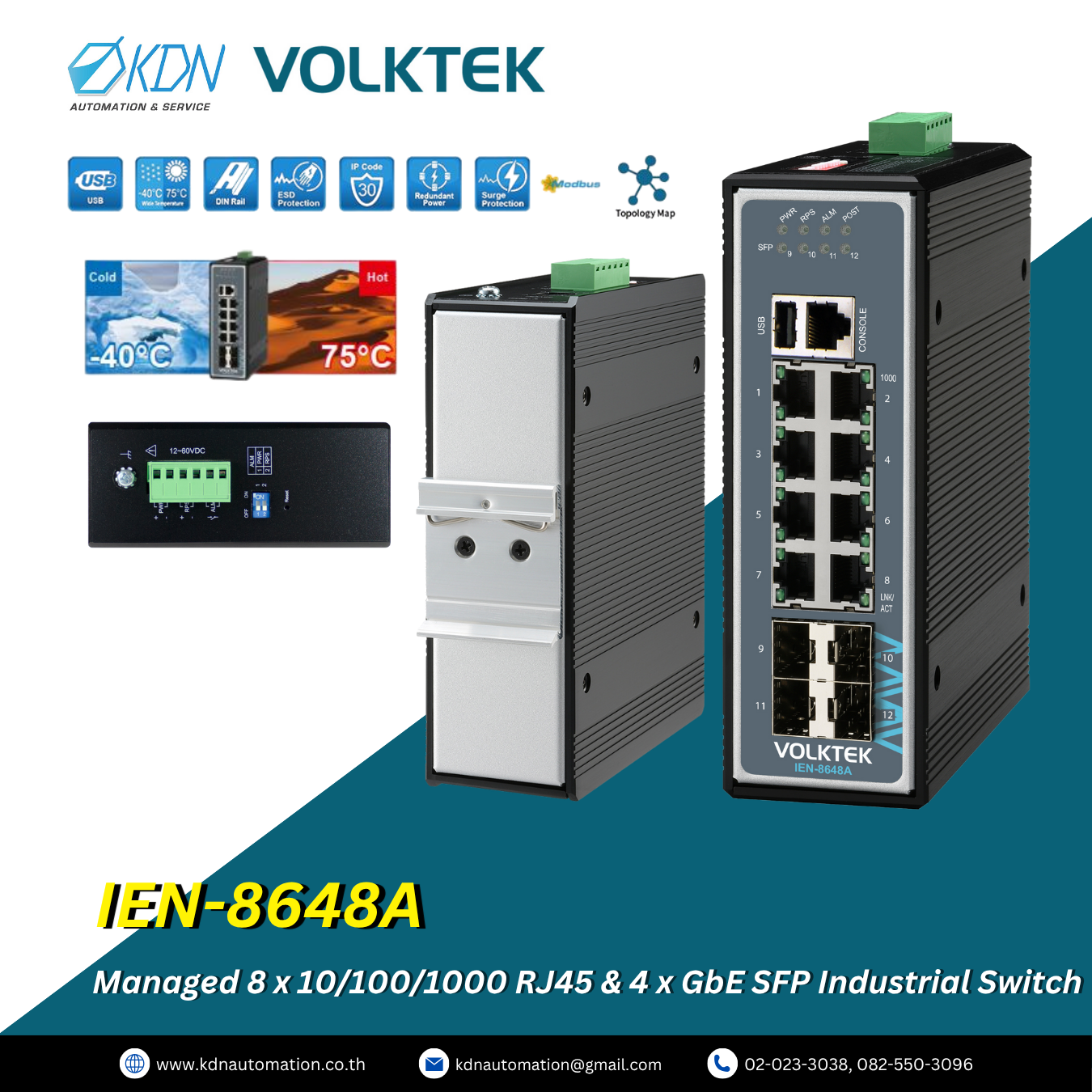IEN-8648A Volktek Managed 8 x 10/100/1000 RJ45 & 4 x GbE SFP Industrial Switch