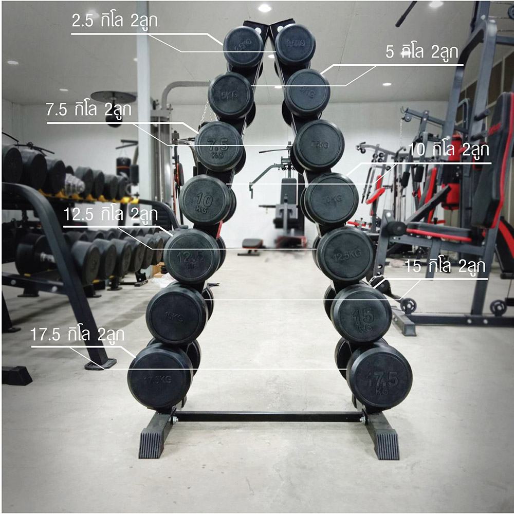 ชุดดัมเบลกลมหุ้มยาง ชุด 140Kg. พร้อมชั้นวางดัมเบลเหล็ก 7คู่ ทรงA