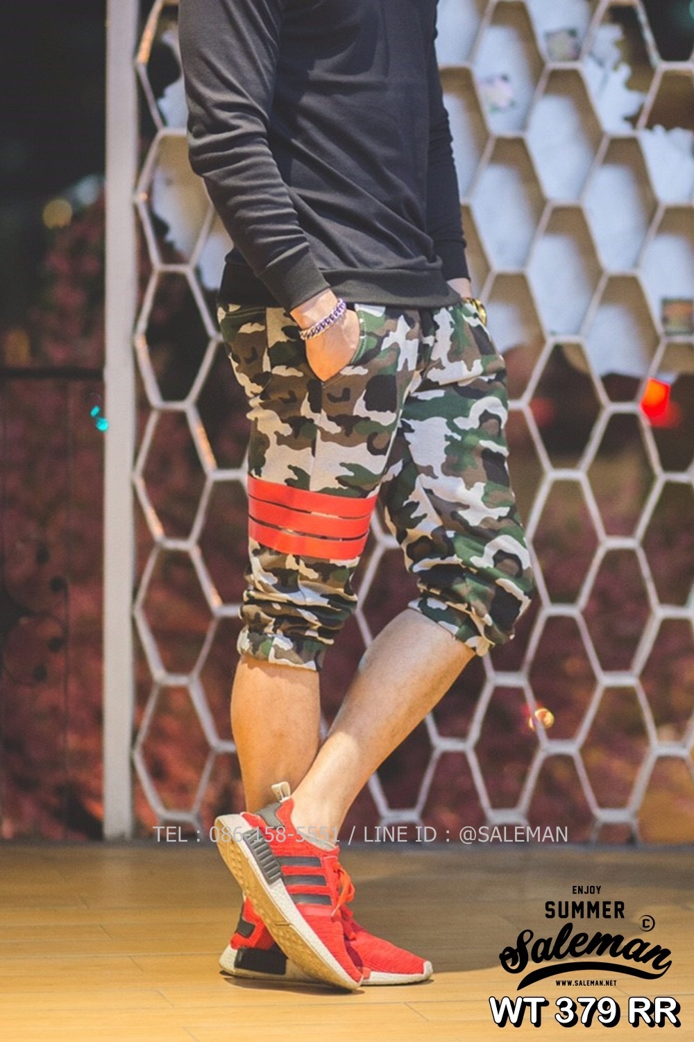 กางเกง Jogger ขาจั๊มสามส่วน พรีเมี่ยม ผ้า วอร์ม รหัส WT 379 RR สีทหาร แถบ แดง