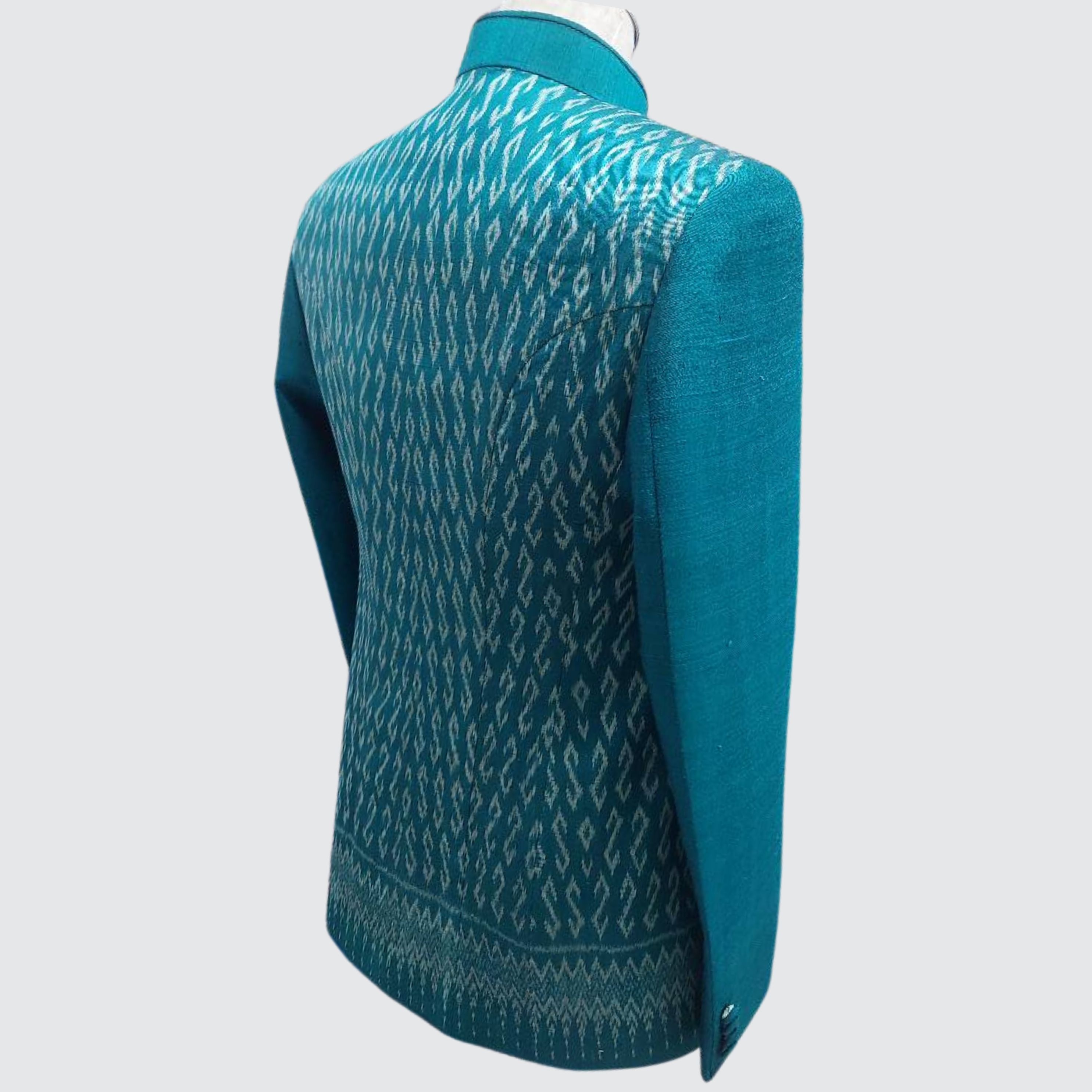 เสื้อสูทพระราชทาน แขนยาว ผ้าไหมมัดหมี่แต่งลายผ้าพื้น | ตัดเย็บตามรูปร่าง | เลือกสีผ้า ส่งไซส์ได้