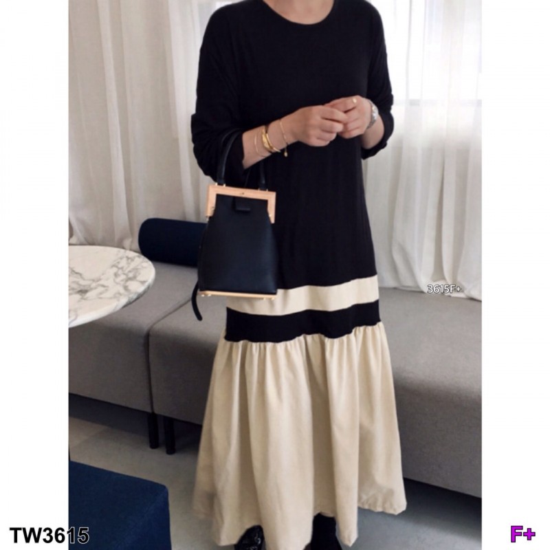 Maxxi Dress แขนศอก ตัดต่อช่วงชายเดรสระบายๆด้วยผ้าโฟร์เวย์ สีครีม TW3615