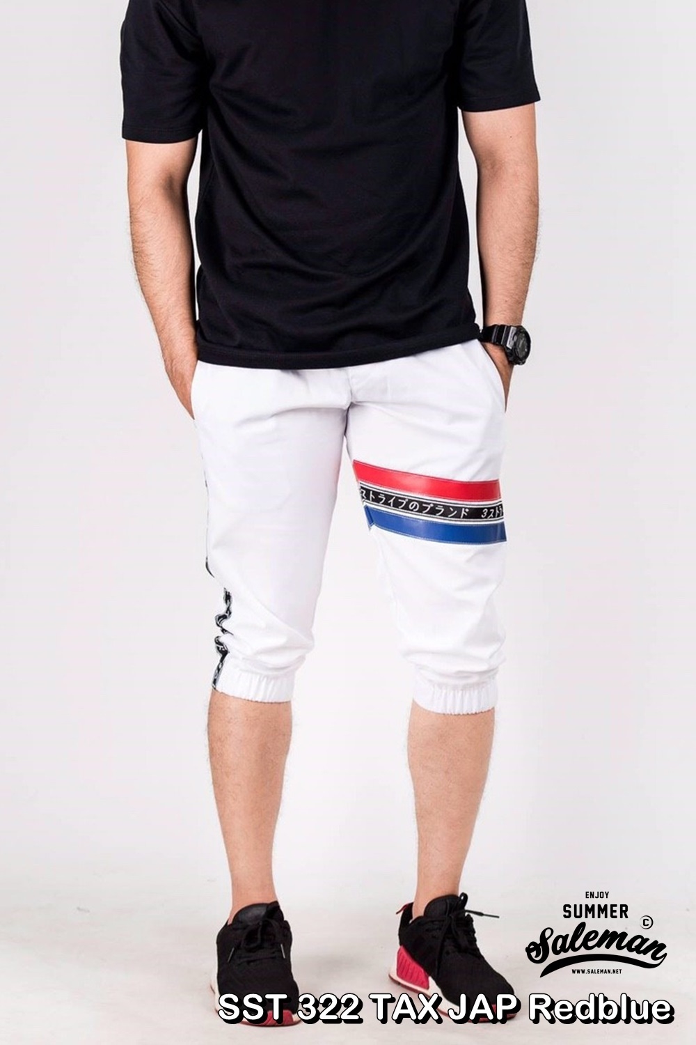 กางเกงสามส่วน พรีเมี่ยม ผ้า COTTON รหัส SST 322 TAX JAP RedBlue สีขาว แถบแดงน้ำเงิน