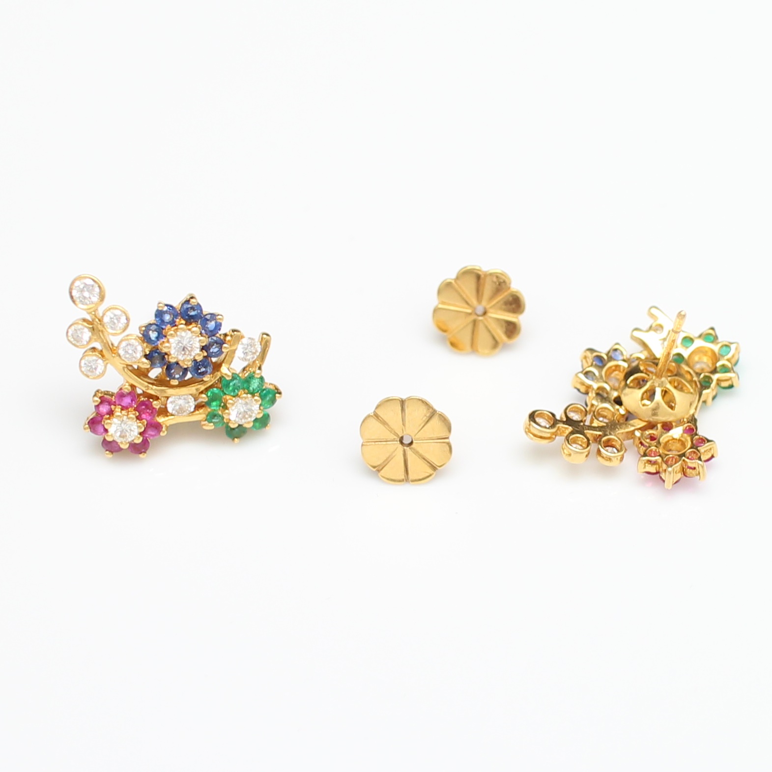 ER25113 ต่างหูดอกไม้พลอยหลากสี เพชรแท้ 0.81 กะรัต ทองแท้ 90% นน.รวม 9.7 กรัม