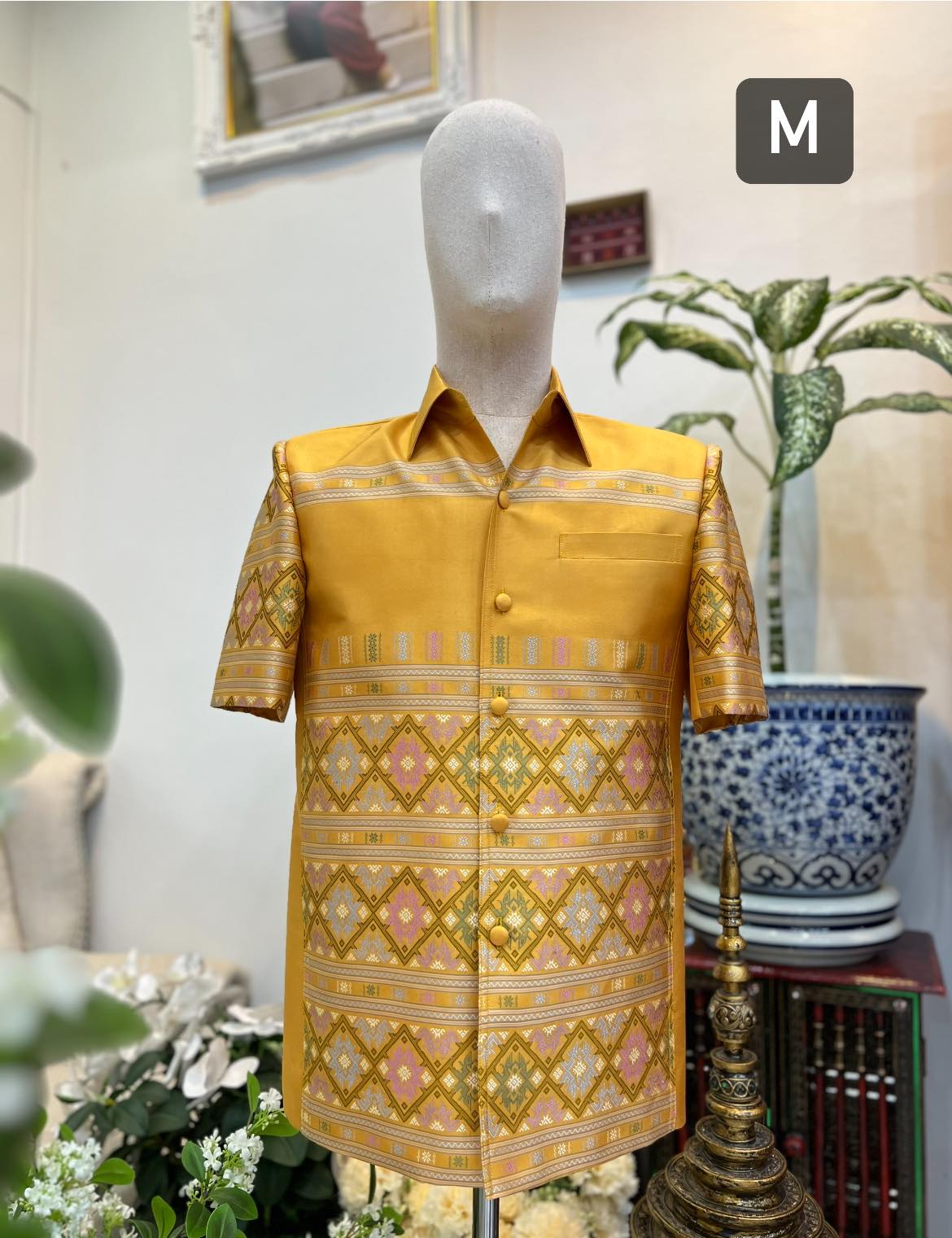 เสื้อสูทไหมแพรวา ลายเกาะ แขนสั้น พื้นสีเหลือง เลือกไซส์ รหัส DR-BM-11026613262
