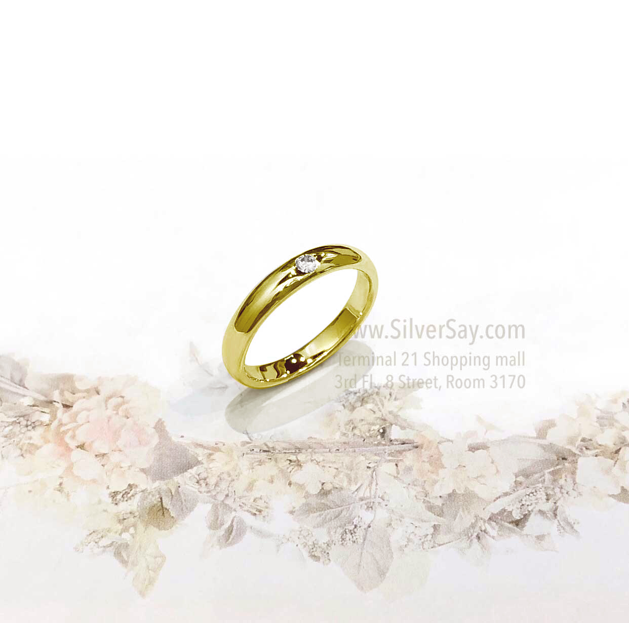 แหวนปลอกมีด 3 มม. ฝังเพชรสวิส 1 เม็ด/สีทองคำ22k