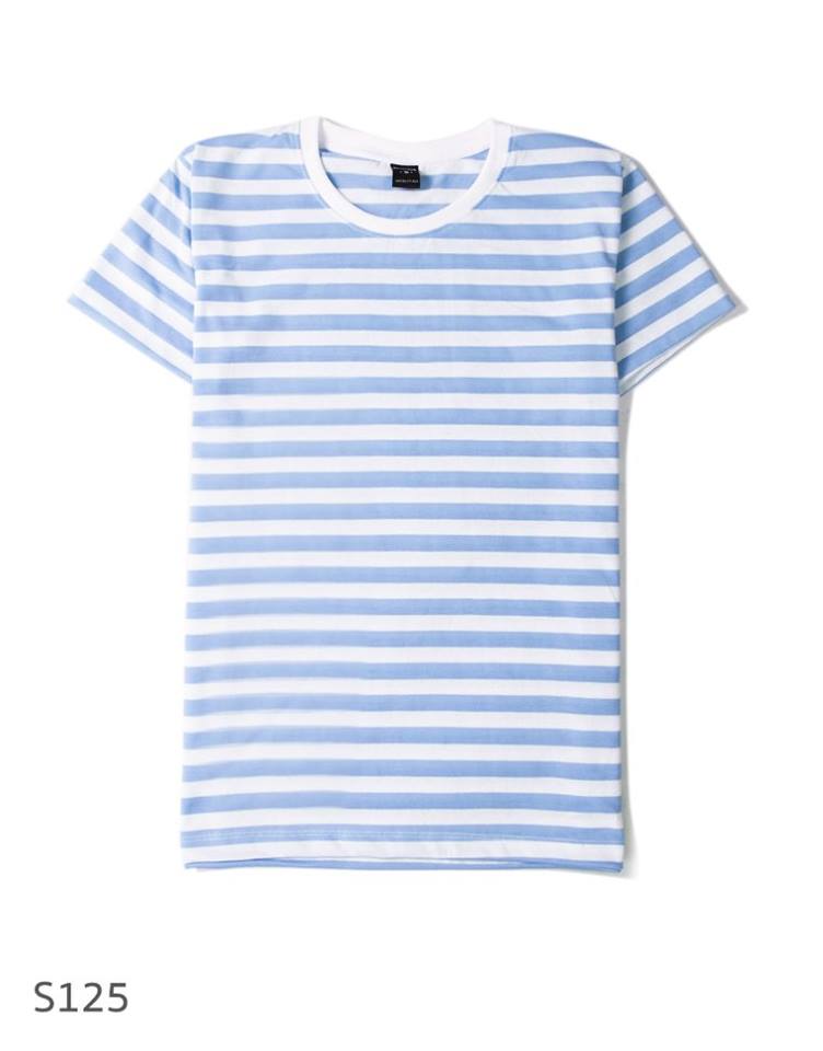 เสื้อยืดคอกลมลายทาง S125 (ครึ่งนิ้ว สีสกาย ฟ้าขาว)