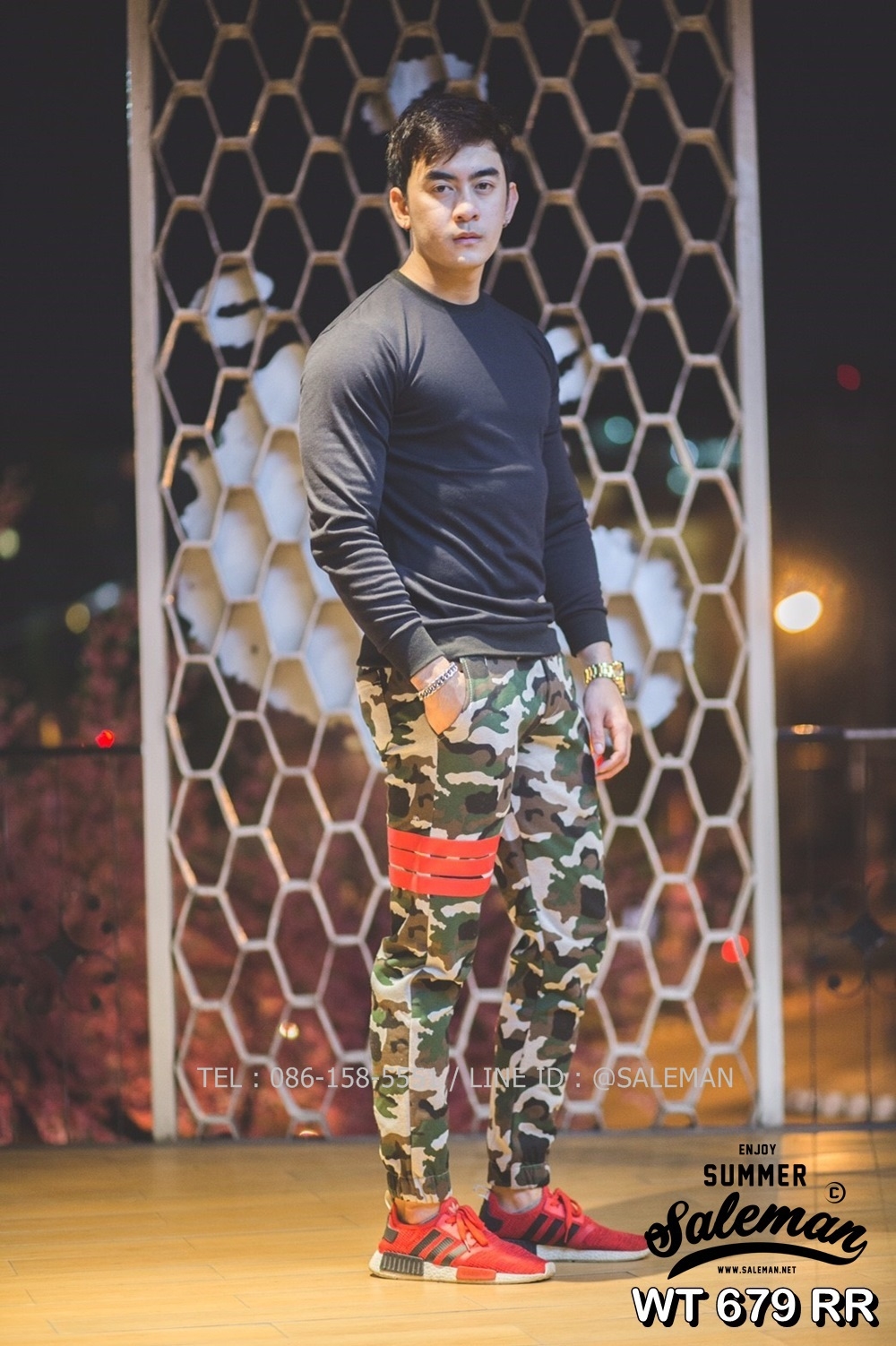 กางเกง Jogger ขาจั๊ม พรีเมี่ยม ผ้า วอร์ม รหัส WT 679 RR สีทหาร แถบ แดง