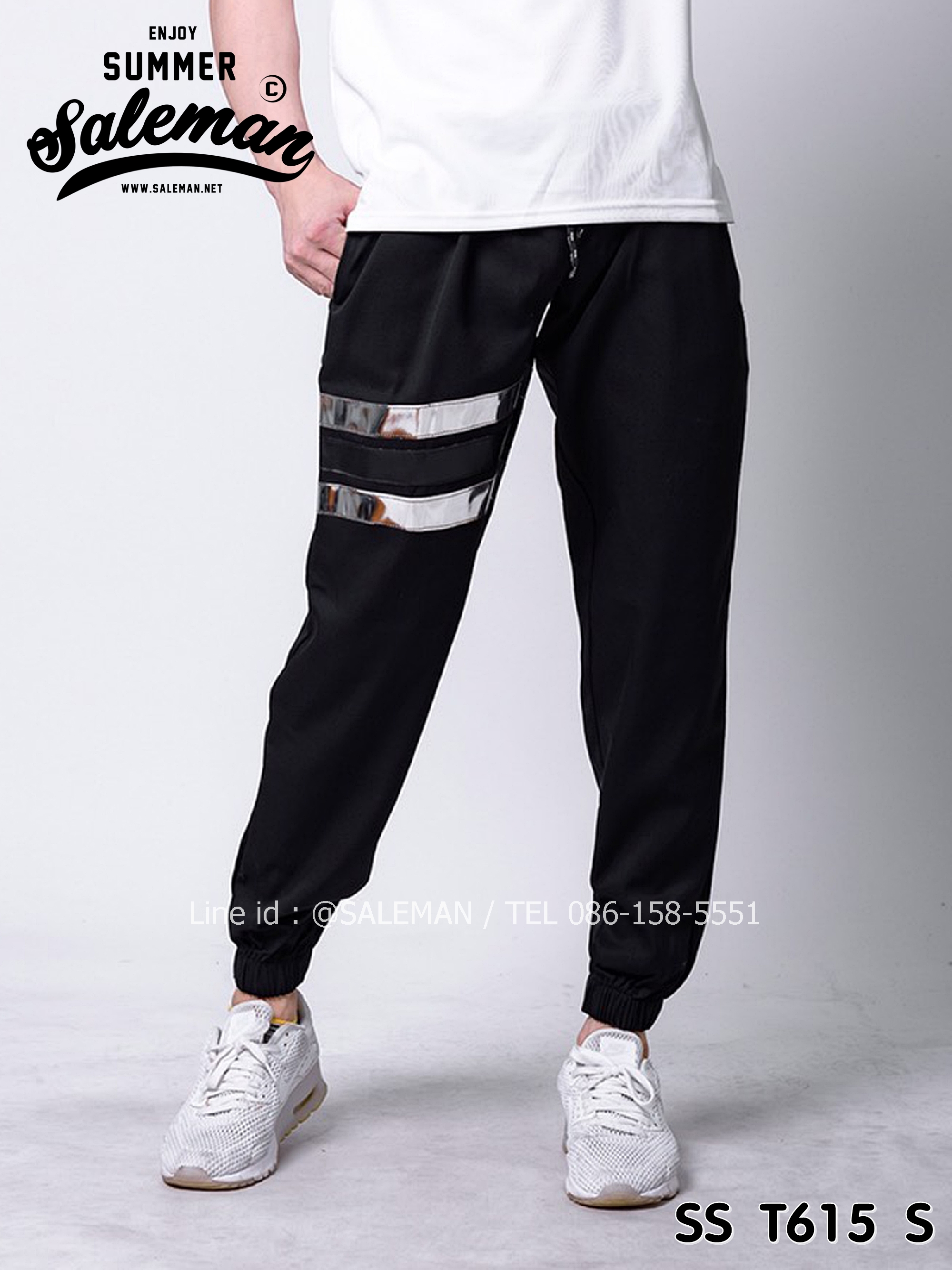 กางเกง JOGGER พรีเมี่ยม ผ้า COTTON รหัส SST 615 S สีดำ แถบเงิน SUMMER SALE