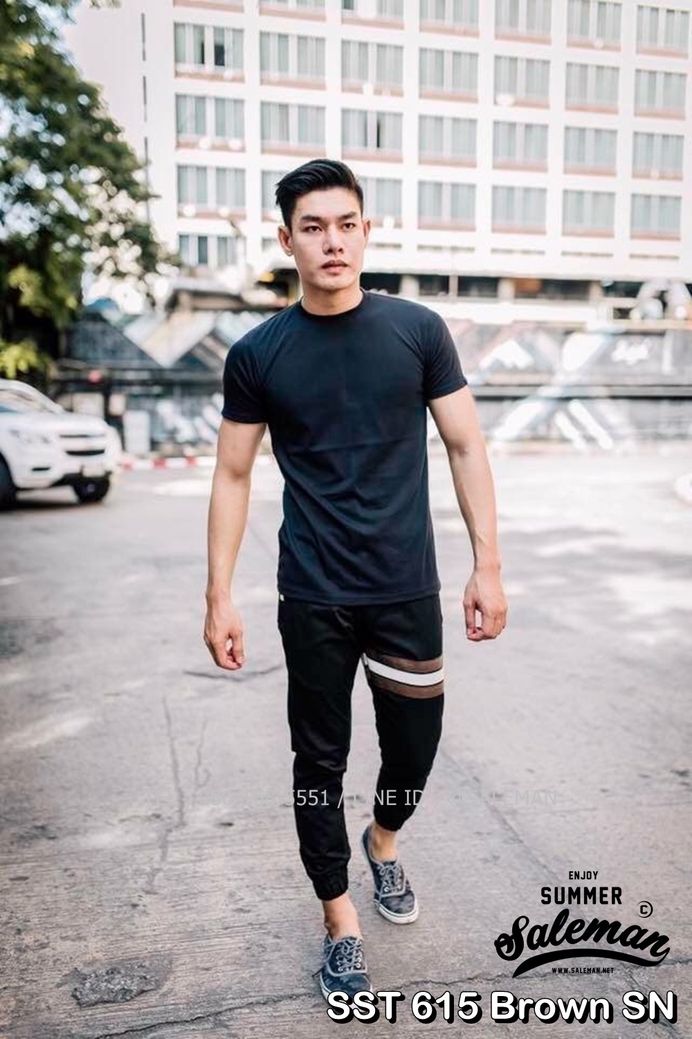 กางเกง JOGGER พรีเมี่ยม ผ้า COTTON รหัส SST 615 Brown SN สีดำ แถบน้ำตาลงู