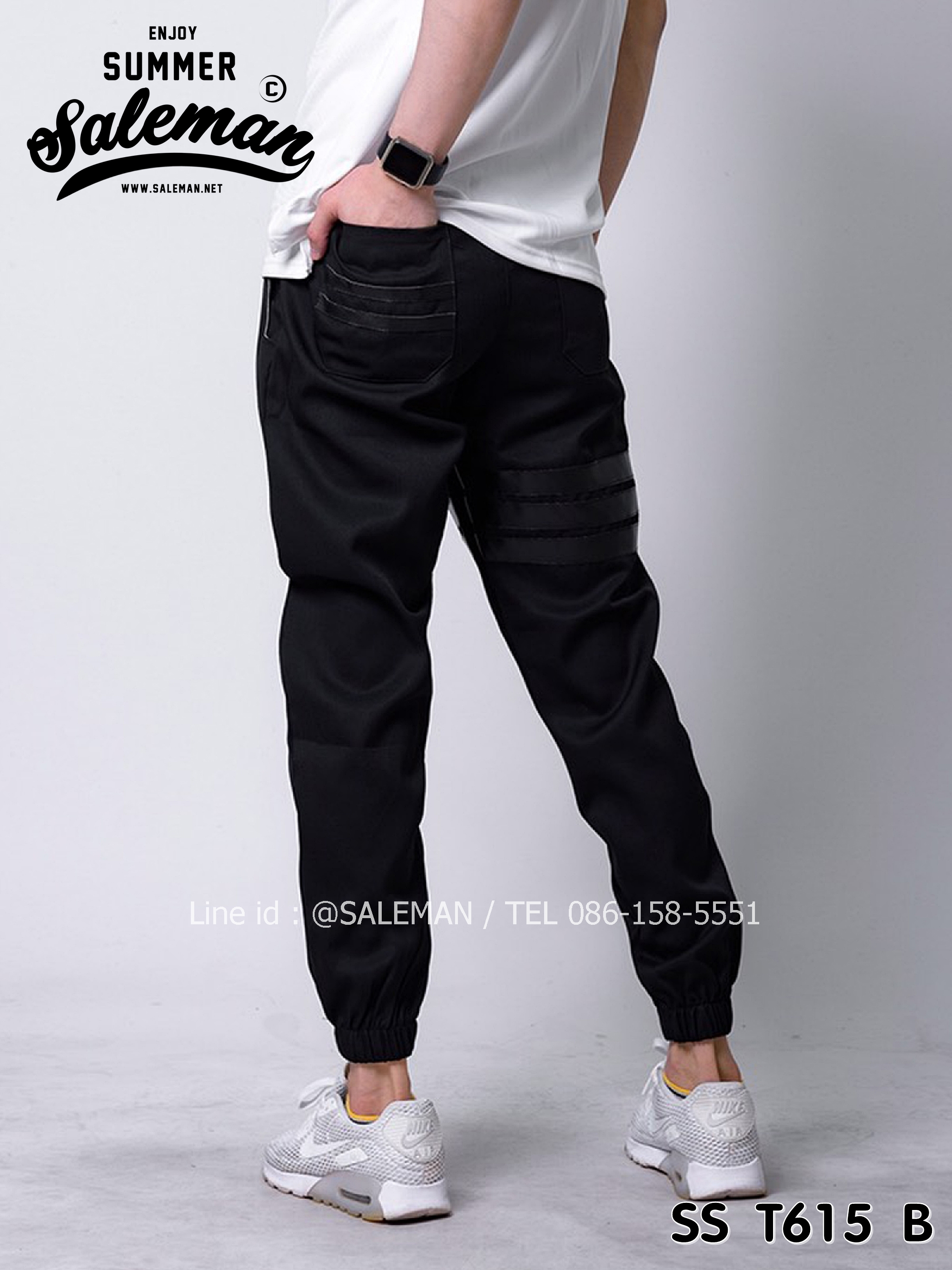 กางเกง JOGGER พรีเมี่ยม ผ้า COTTON รหัส SST 615 B สีดำ แถบดำเคปล่า