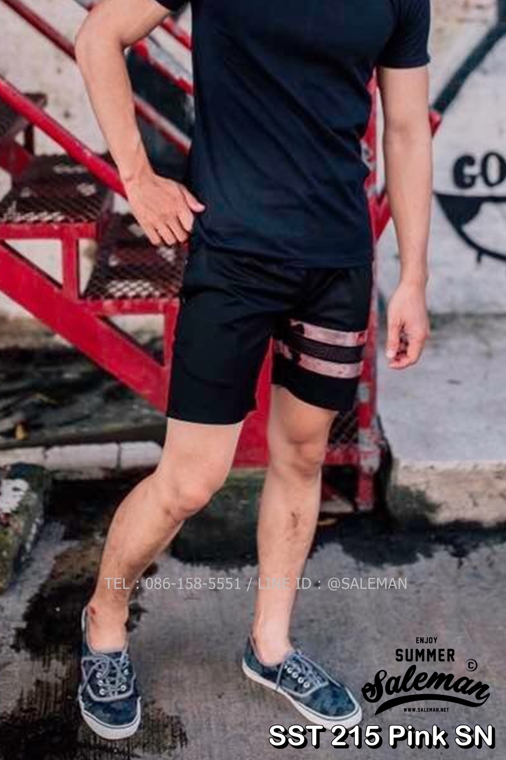 กางเกงขาสั้น พรีเมี่ยม ผ้า COTTON รหัส SST 215 Pink SN สีดำ แถบชมพูงู