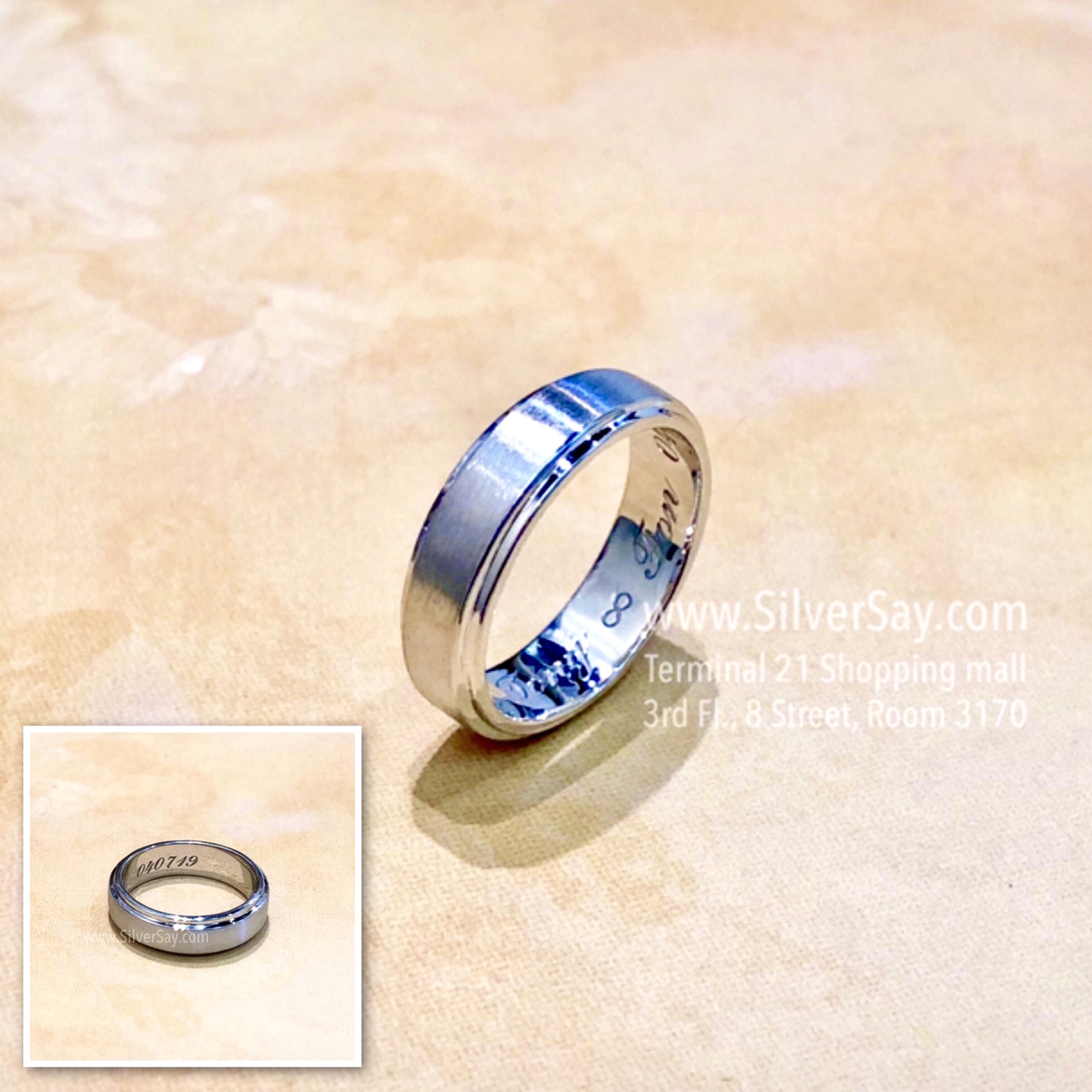 แหวนเกลี้ยง 5 มม.ขอบข้างลดระดับรอบวง/พ่นทราย-ตัดขอบเงา/สำหรับสลักชื่อ