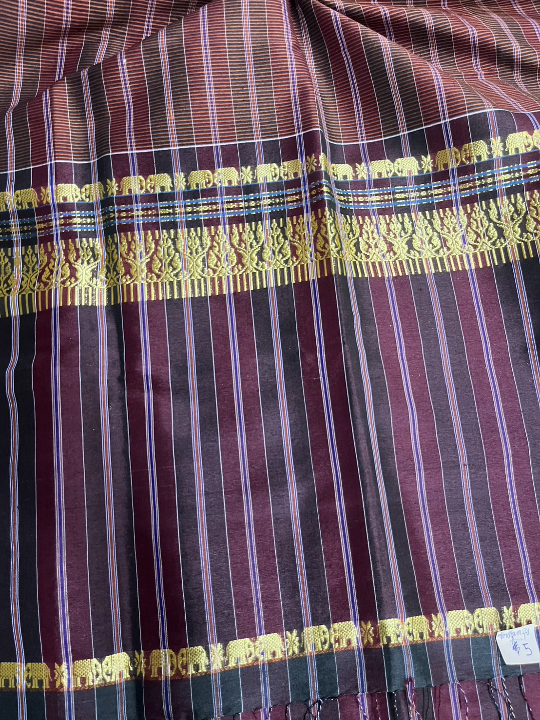 ผ้าขาวม้า ไหมแท้ ยกขิดดิ้นลายช้าง มีชายครุย ขนาด 65X200ซม. รหัส R4E-NY-5