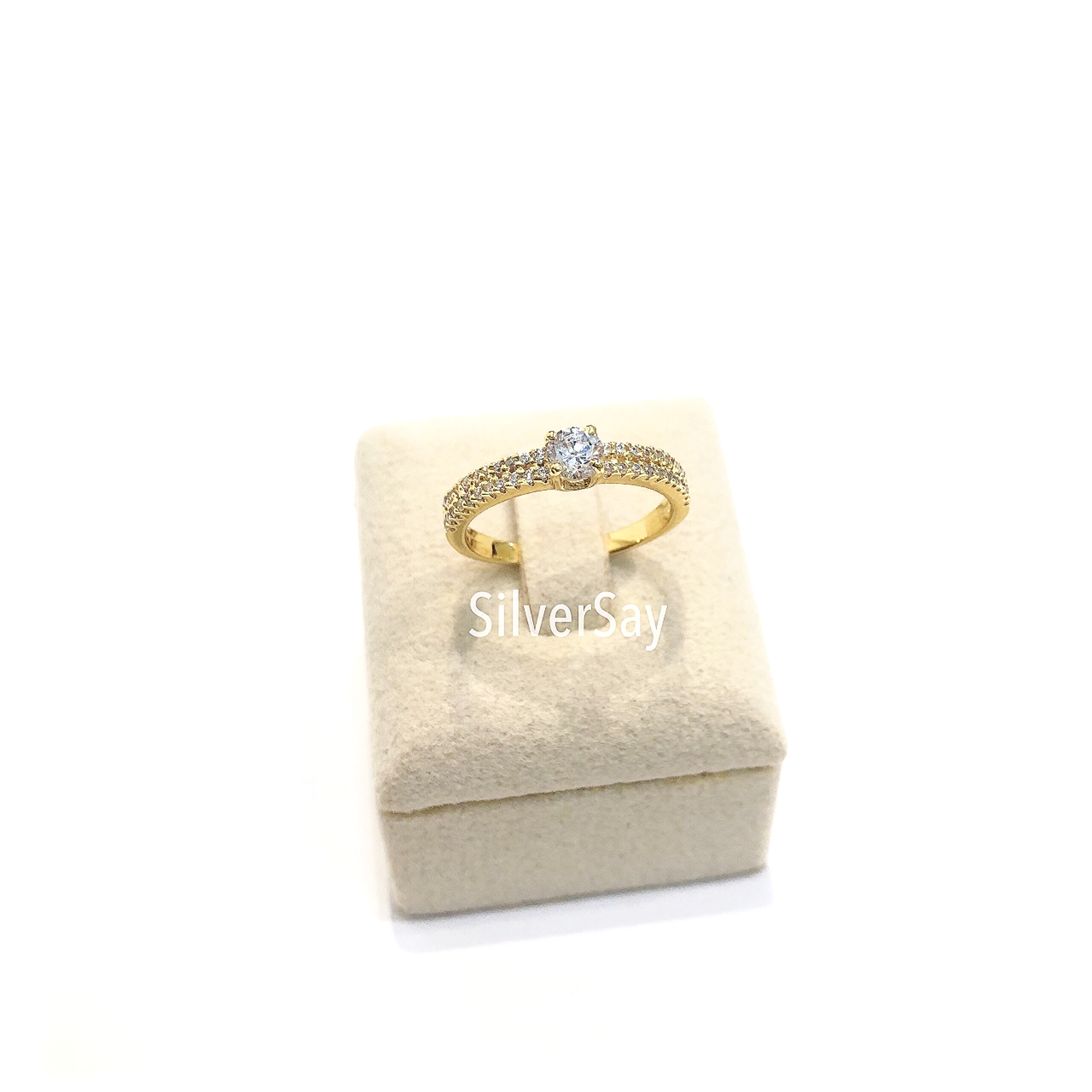แหวนเพชรสวิสแถวสองชั้นครึ่งวง/ฝังล็อคคั่น/สีทองคำ22k