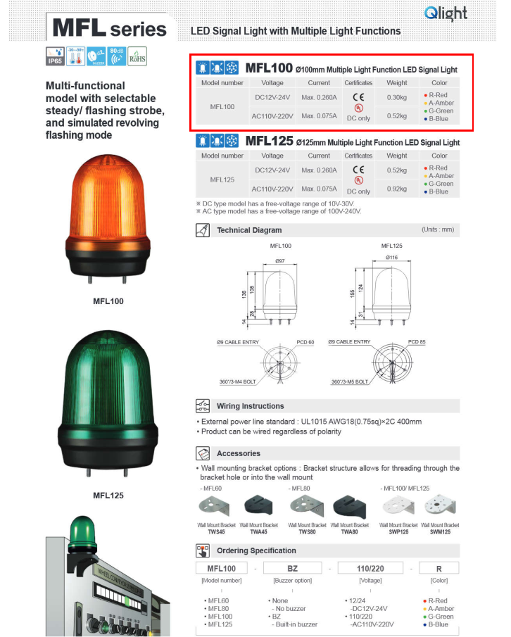 QW-MFL100-BZ-110/220-R QLIGHT Multiple Function LED Signal Lights with Buzzer