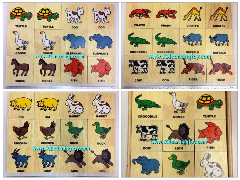 ของเล่นไม้ชุดจับคู่ภาพสัตว์ที่เหมือนกัน 1 กล่องมี 18 คู่ (36 แผ่น)สอนเรื่องสัตว์ต่างๆ พร้อมคำศัพท์ภาษาอังกฤษ ทั้งสัตว์น้ำ สัตว์ป่า สัตว์เลี้ยง ส่งฟรี