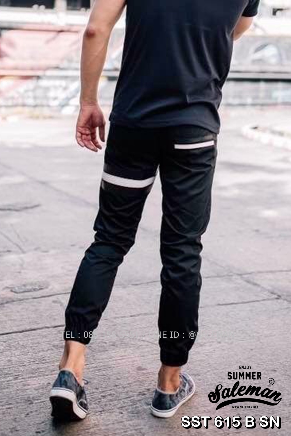 กางเกง JOGGER พรีเมี่ยม ผ้า COTTON รหัส SST 615 B SN สีดำ แถบดำงู SUMMER SALE