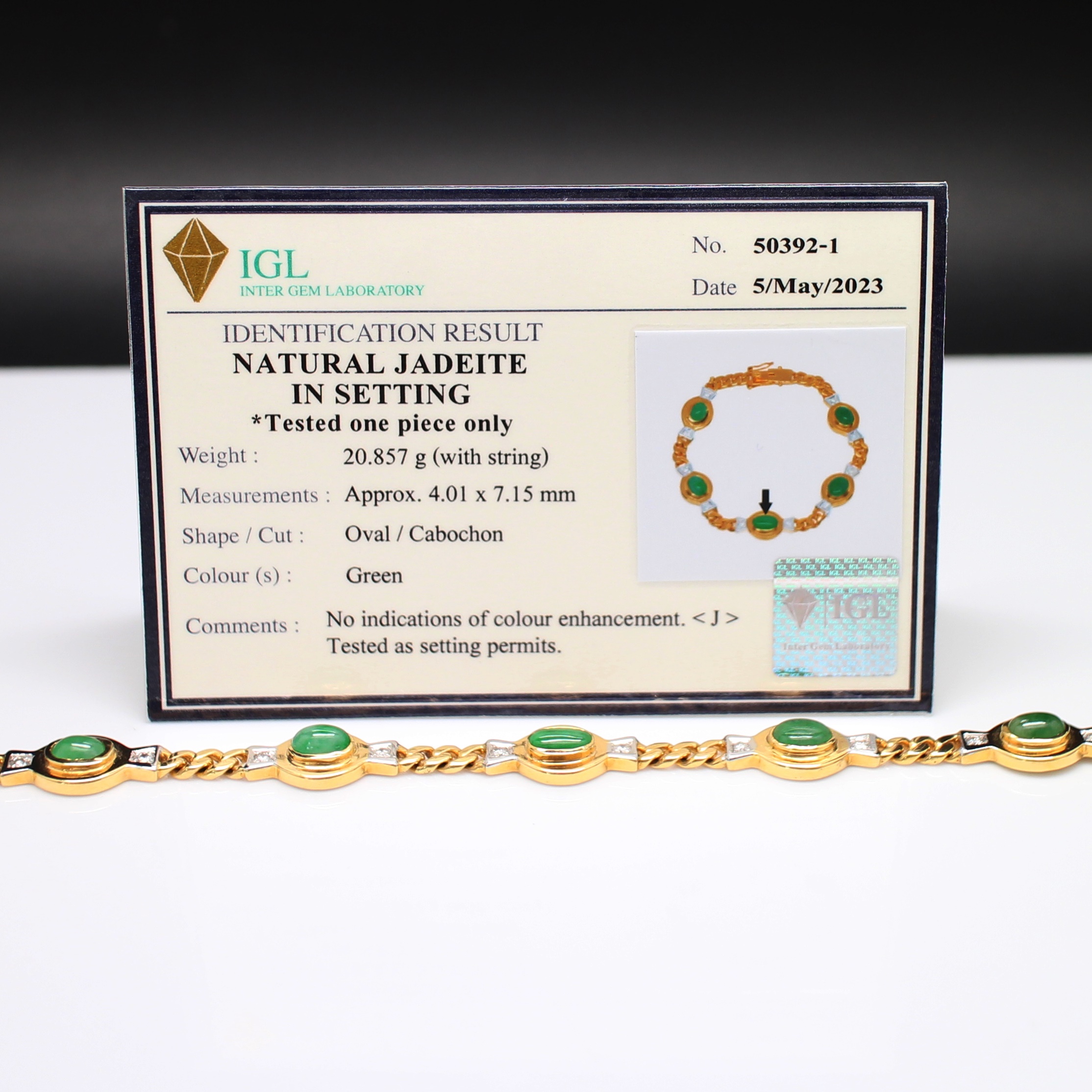 BL25077 สร้อยข้อมือหยก เพชรแท้ 0.30 กะรัต ทองแท้ 90% นน.รวม 21.92 กรัม ยาว 17 ซม. มีใบเซอร์