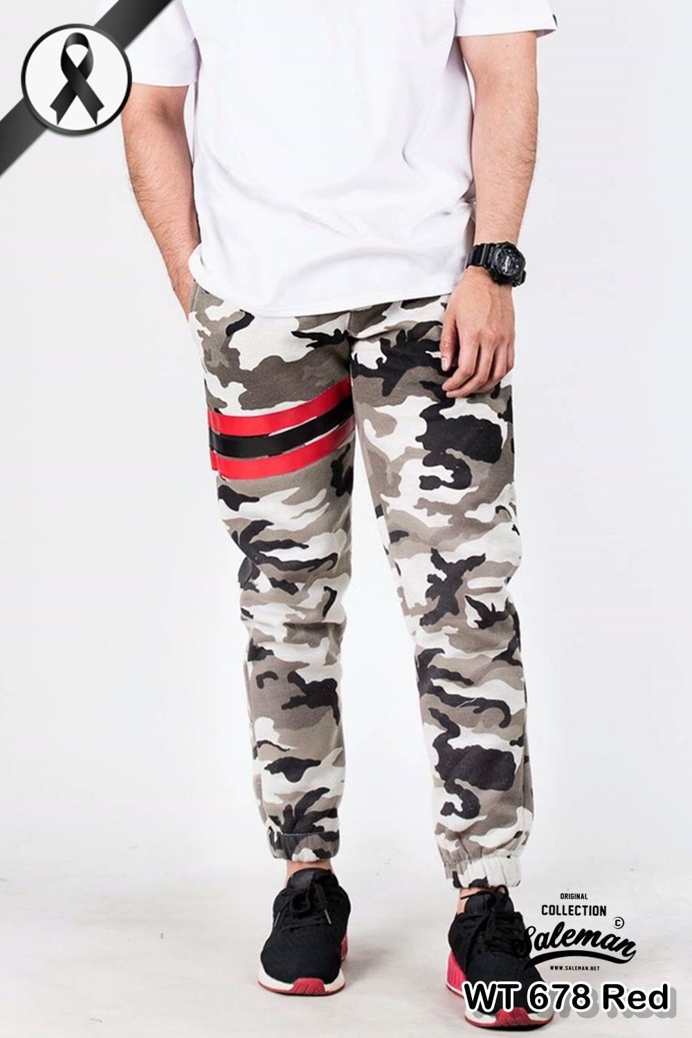 กางเกง jogger ขาจั๊ม ผ้าวอร์ม WT 678 Red ลายทหาร แถบแดง