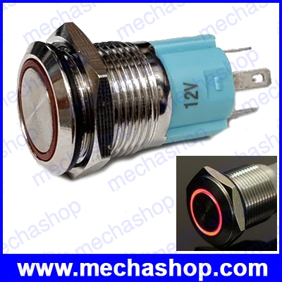 สวิทซ์กดติดปล่อยดับ มีไฟ LED วงแหวนสีแดง 12V 16mm Flat round momentary ring lamp waterproof IP67 switch
