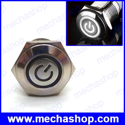 สวิทซ์กดติดปล่อยดับ มีไฟโลโก้สีขาว 16mm 12V 3A White power/angel Circle LED Metal Push Button Switch