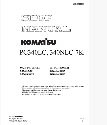 หนังสือ คู่มือซ่อม วงจรไฟฟ้า วงจรไฮดรอลิก จักรกลหนัก PC340LC-7K, PC340NLC-7K K40001 (ทั้งคัน) EN