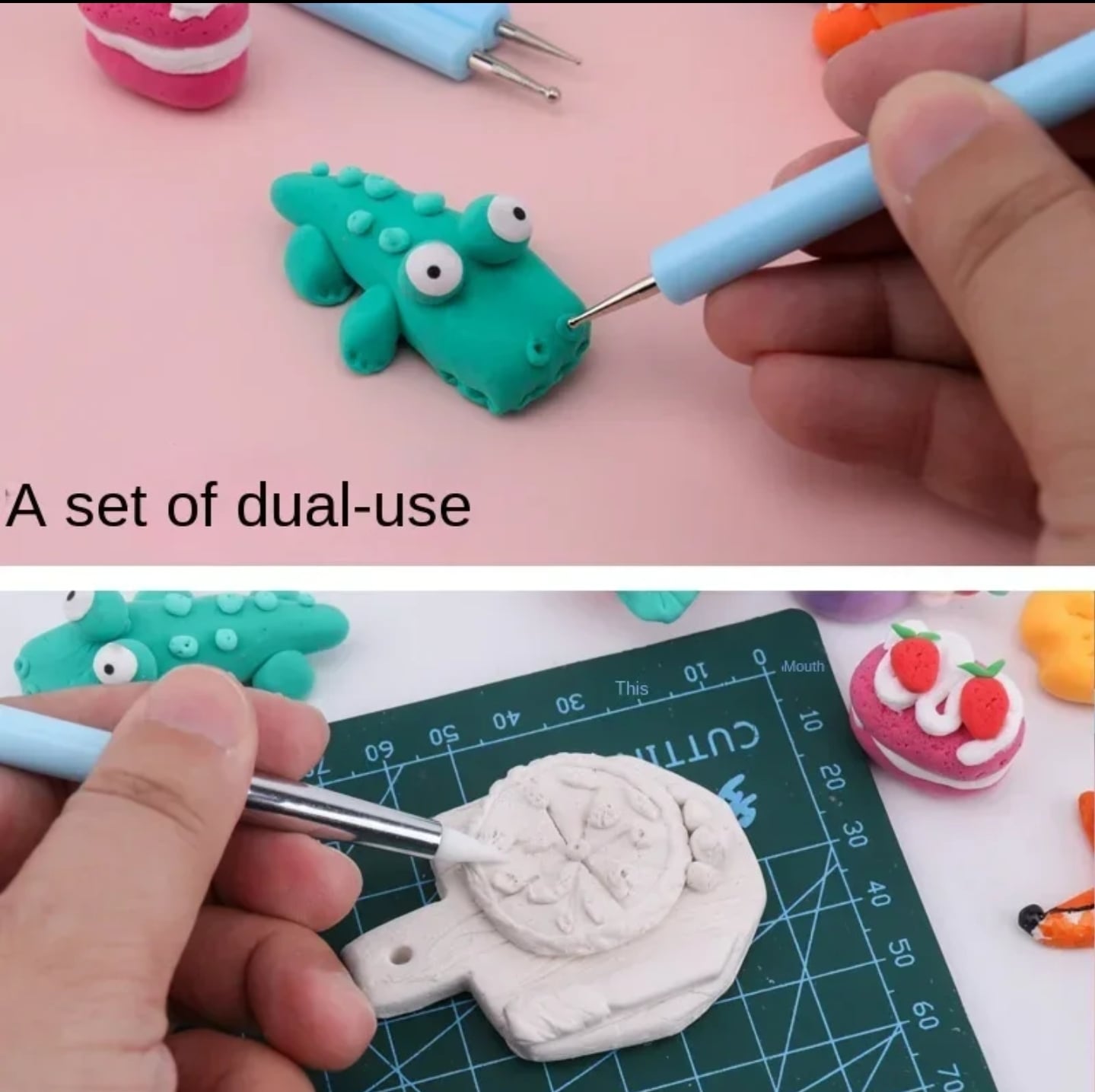 พู่กัน2in1 หัวยางซิลิโคน และ หัวกลมสแตนเลส ไม้ดอททำลายจุด 5แท่ง/เซต