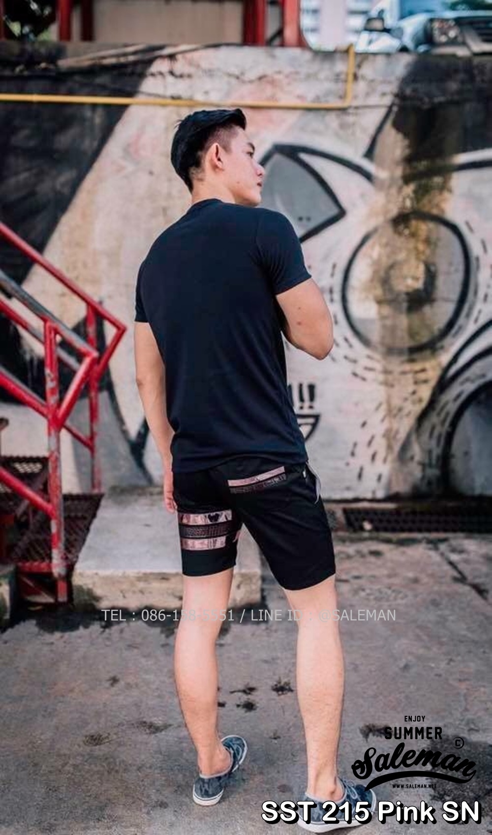 กางเกงขาสั้น พรีเมี่ยม ผ้า COTTON รหัส SST 215 Pink SN สีดำ แถบชมพูงู