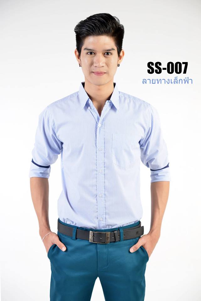 เสื้อเชิ้ตแขนยาวลายทางเล็กสีฟ้า SS-007
