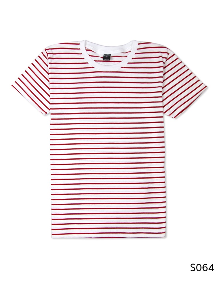เสื้อยืดคอกลมลายทาง S064 (สีแดง คอสีขาว)