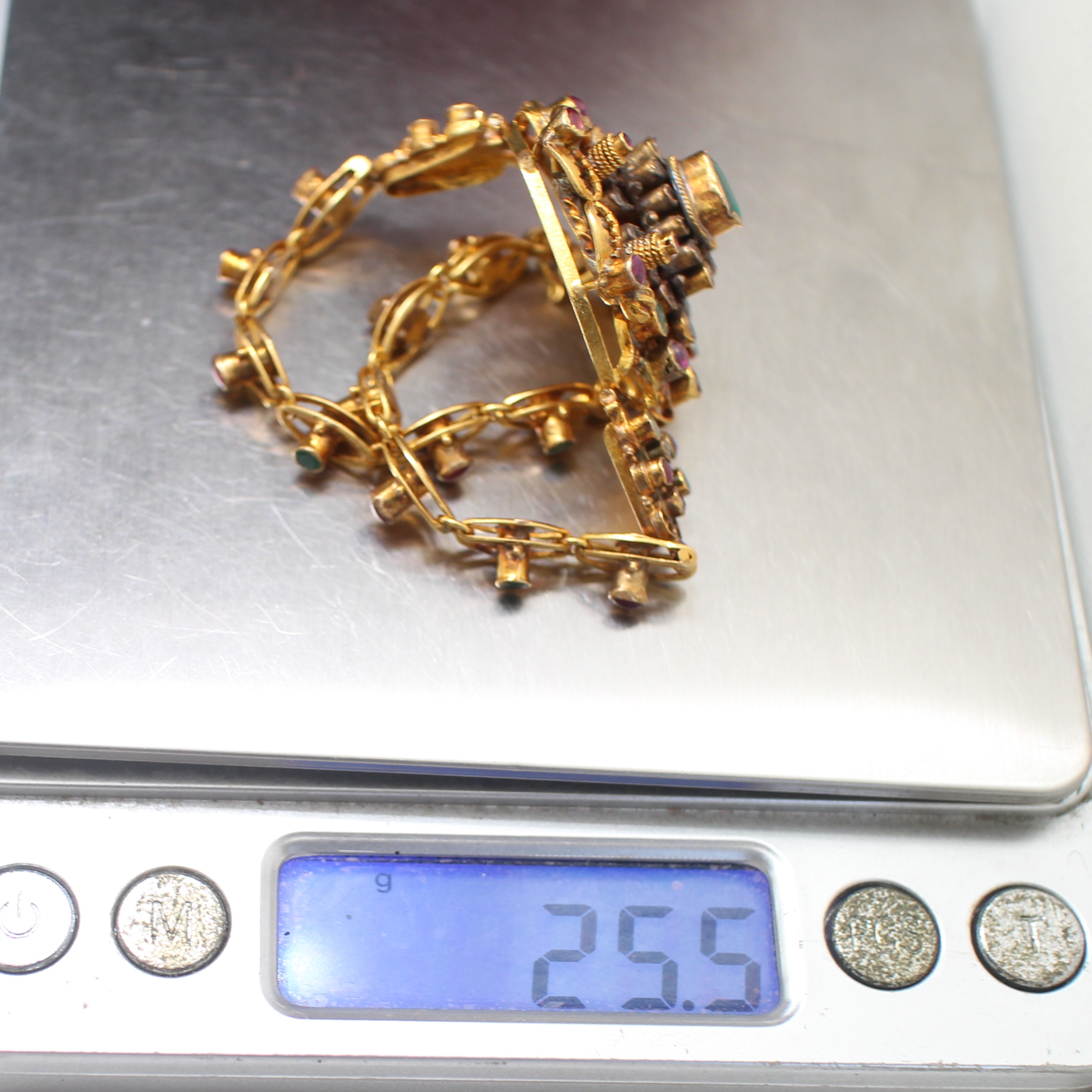 BL25273 สร้อยข้อมือปูสามสียอดมรกต ทองแท้ 90% ทับทิม มรกต เพชรซีก นน.รวม 25.5 กรัม ยาว 19 ซม.