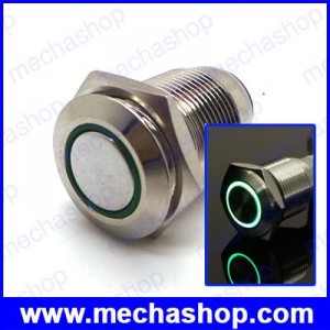 สวิทซ์กดติดปล่อยดับ มีไฟ LED วงแหวนสีเขียว 12V 16mm Flat round momentary ring lamp waterproof IP67 switch 1635F
