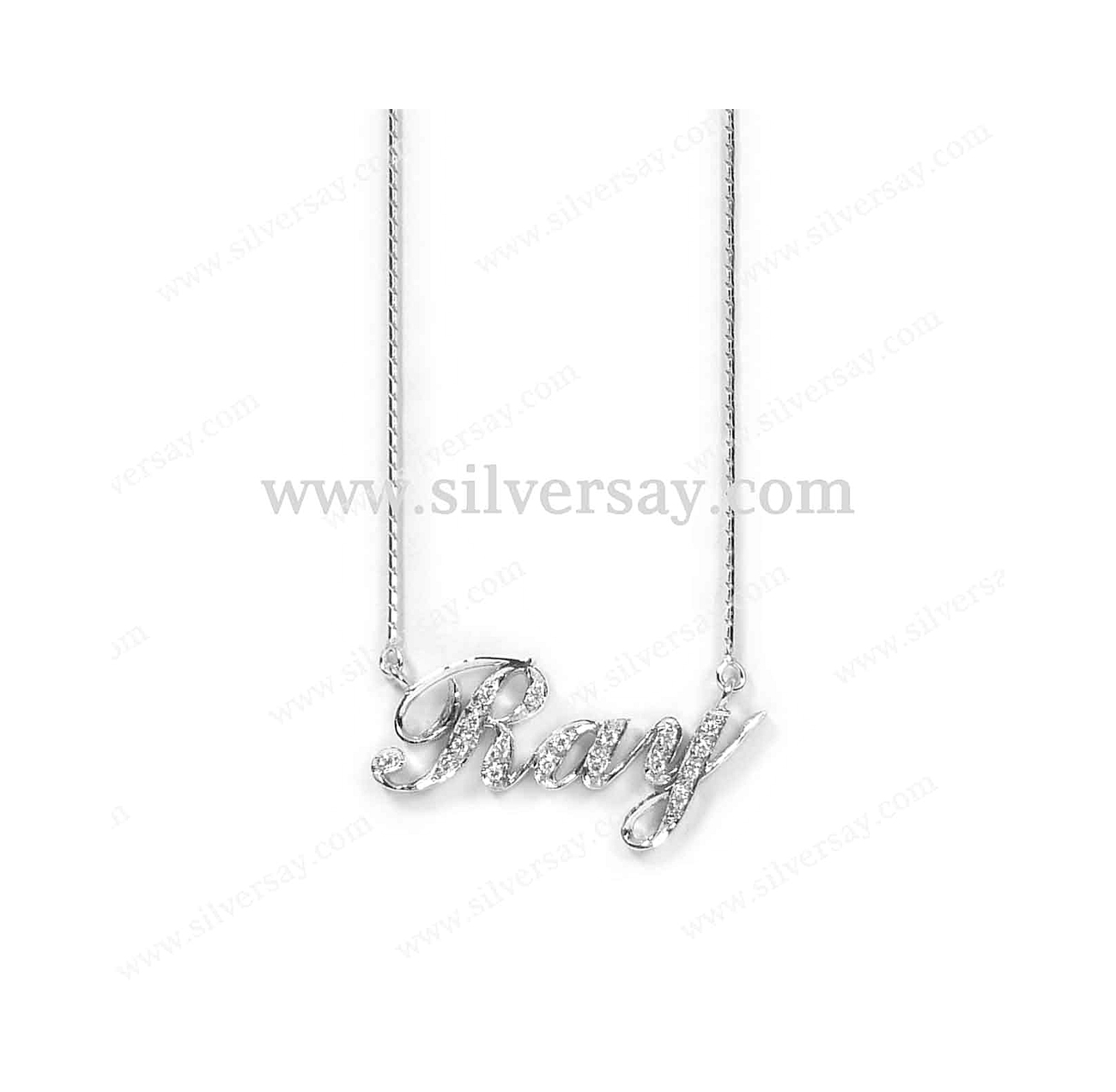 จี้ชื่อ-สร้อยชื่อ "Ray" ฝังเพชรสวิส พร้อมสร้อยคอลายอิตาลี เงินแท้ 925 ชุบทองคำขาว