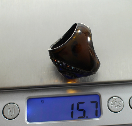 SI0092 แหวนเงินพลอยส้มลงยาสีน้ำตาล เงินแท้ นน. 15.7 กรัม Size 53