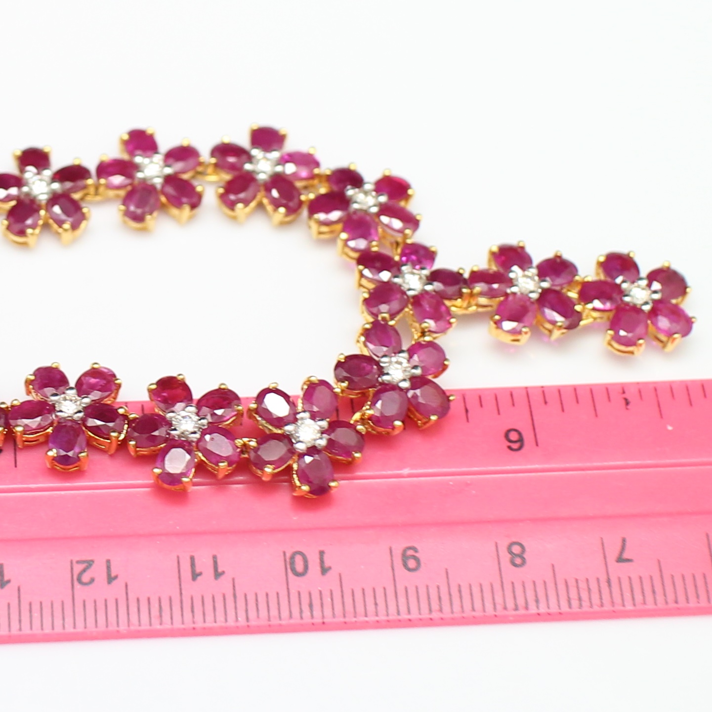 NL25167 สร้อยคอทับทิมดอกไม้ตุ้งติ้ง เพชรแท้ 13 เม็ด 0.65 กะรัต ทองแท้ 90% นน.รวม 33.9 กรัม ยาว 17.5 นิ้ว ทับทิมสวย เพชรไฟดี