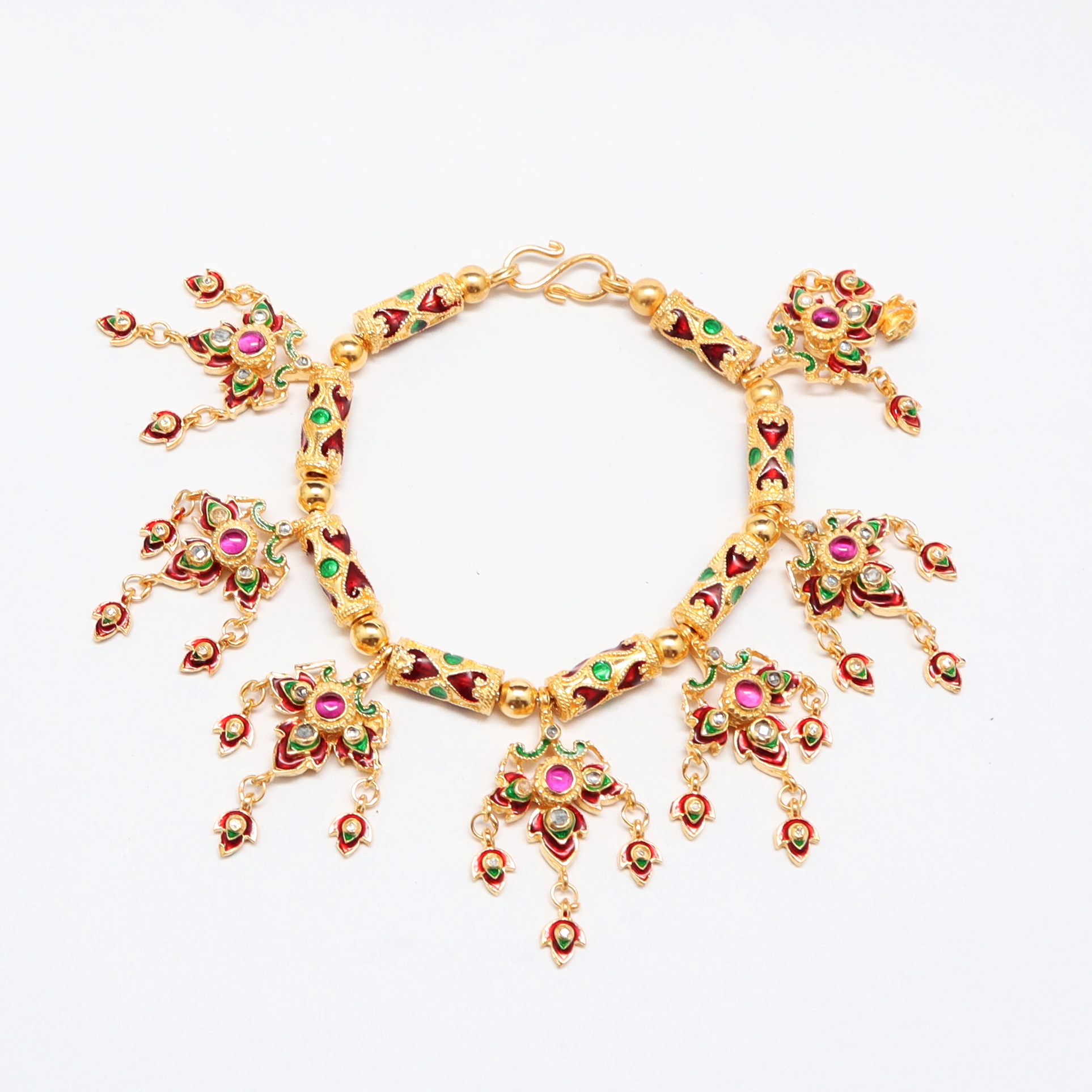 SI296 ชุดสังวาลย์พร้อมสร้อยข้อมือ สร้อยคอ ต่างหู ตัวเรือนเงินแท้ลงยา ประดับแก้ว สร้อยคอหนัก 62.2 กรัม สร้อยข้อมือ 2 เส้นหนัก 90.2 กรัม ยาว 17.5 ซม.