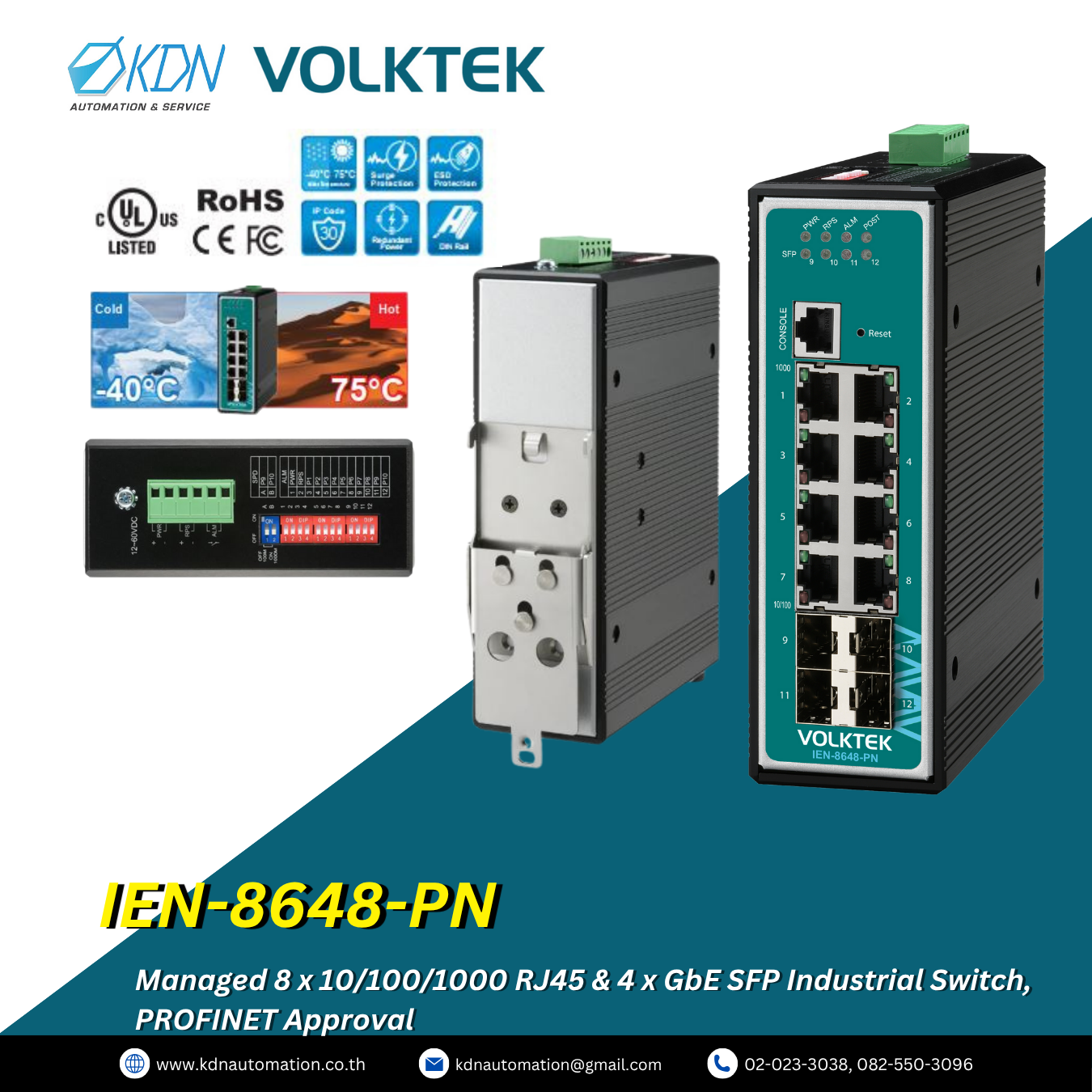 IEN-8648-PN Volktek Managed 8 x 10/100/1000 RJ45 & 4 x GbE SFP Industrial Switch, PROFINET Approval