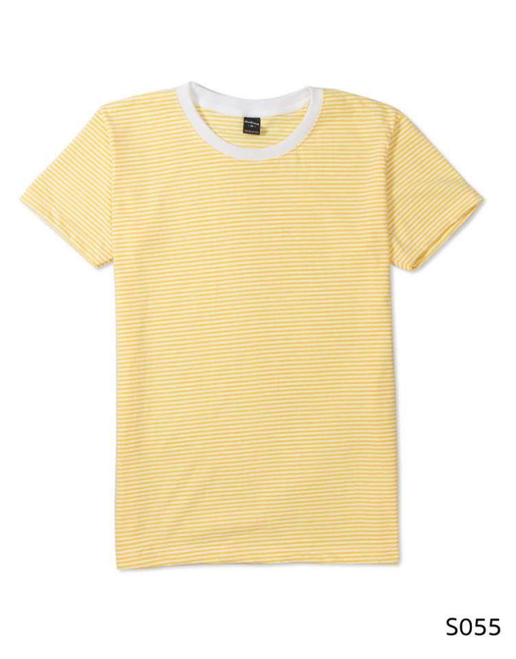 เสื้อยืดคอกลมลายทาง S055 (สีเหลืองเล็ก คอสีขาว)