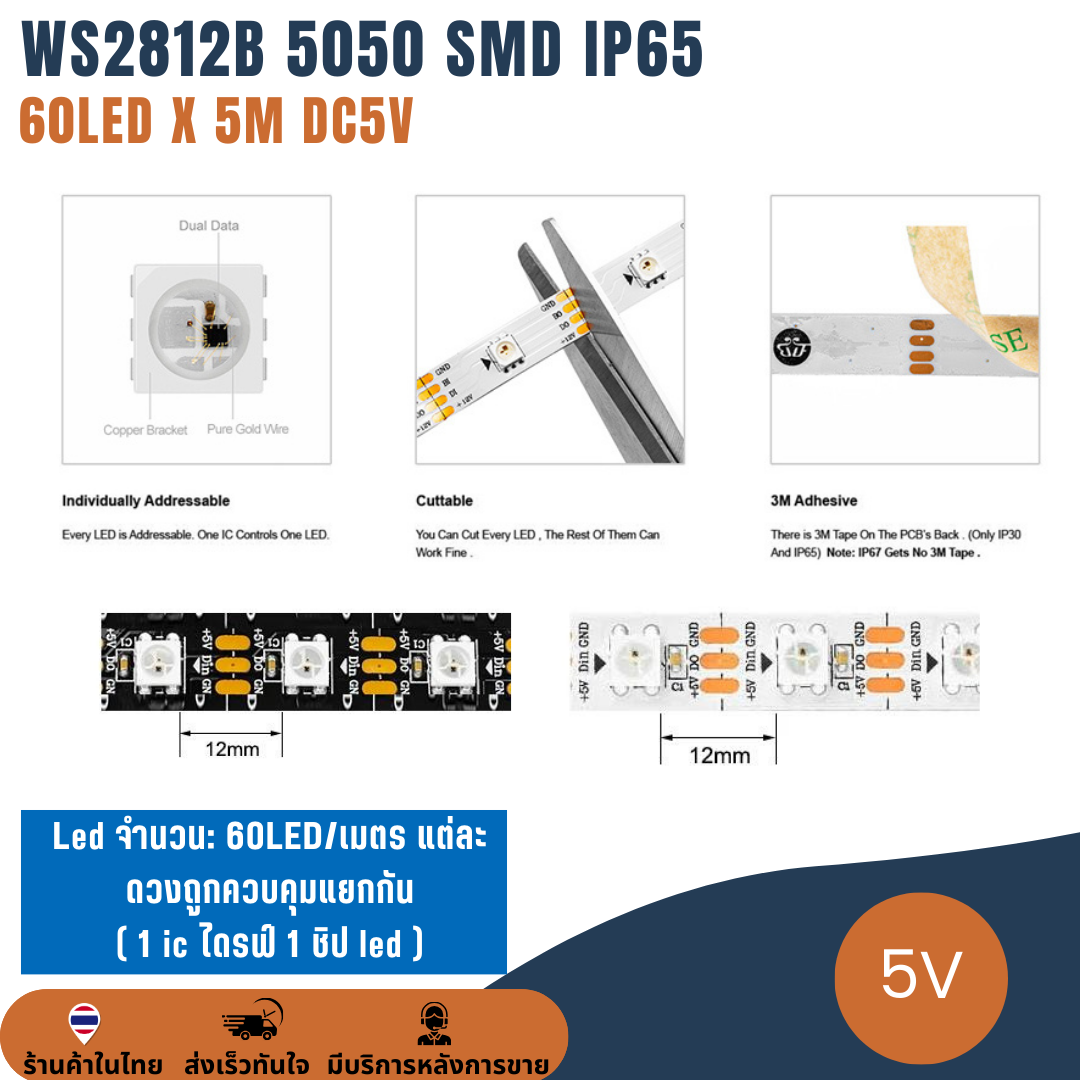 ไฟพิกเซล ไฟเส้น แถบริบบิ้นไฟ ไฟกระพริบ 5V WS2812B 5050 SMD IP65 60LED/M ยาว 5M LED Pixel Strip Light Ribbon RGB Full-Color