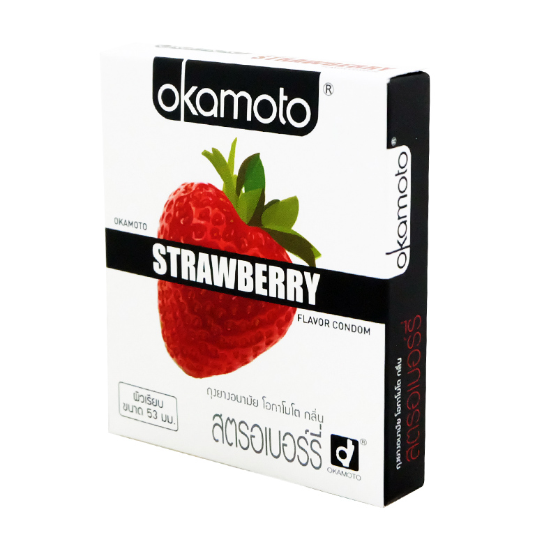 Okamoto Strawberry (Thai Edition) กลิ่นสตรอเบอร์รี่ มีสารหล่อลื่น กแบบพิเศษปลายถุงออกแบบมาให้เข้ารูปตามสรีระ ขนาด 53 มม.